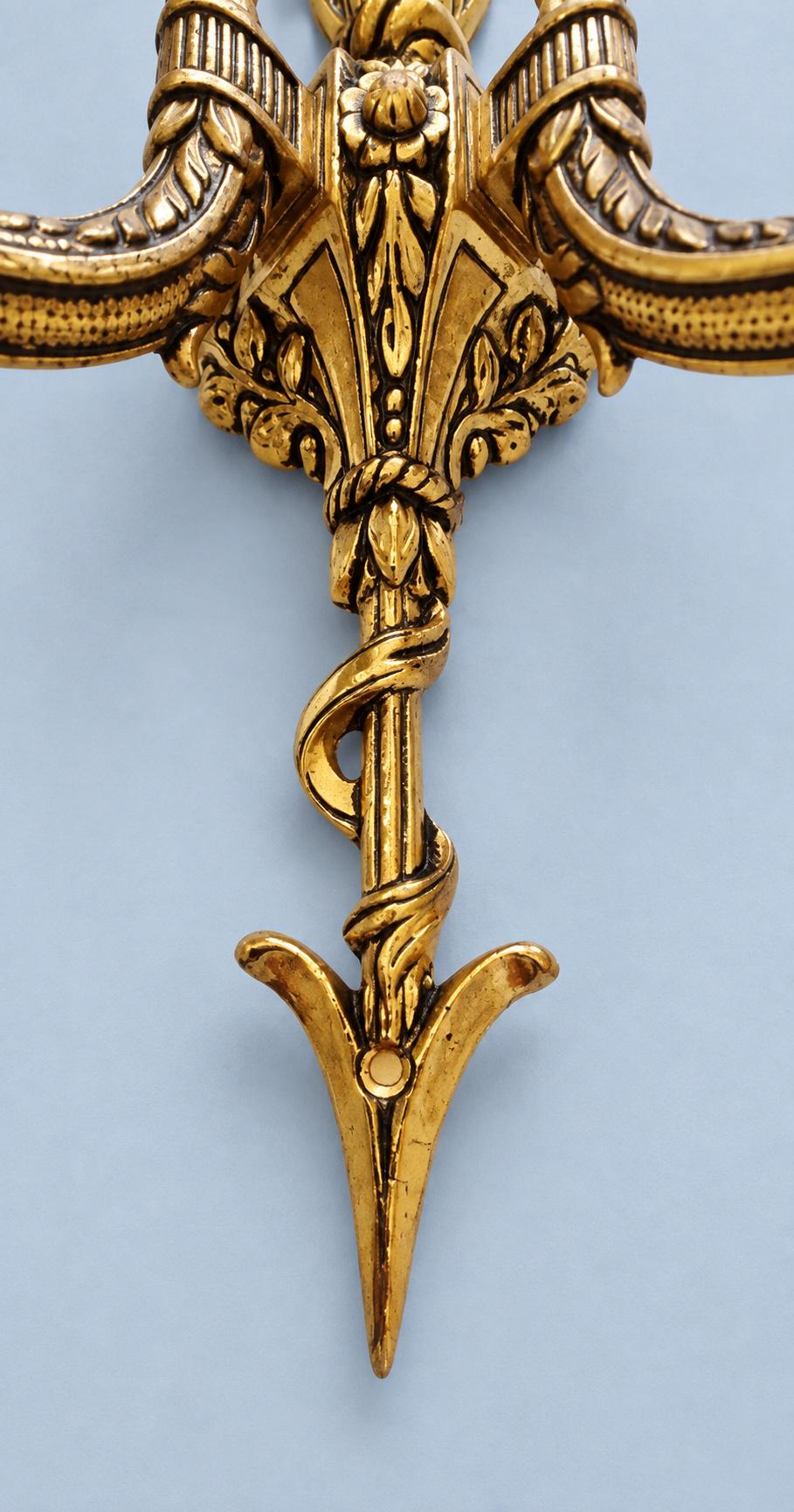 Vintage Pair of Louis XVI Style Gilt Metal Arrow and Ribbon Two-Arm Wall Sconces