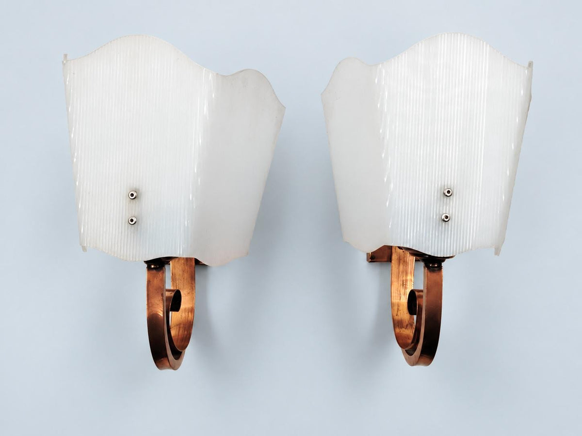 Vintage Pair of French Art Deco Copper-Tone Scroll Wall Sconces with White Ribbed Shades