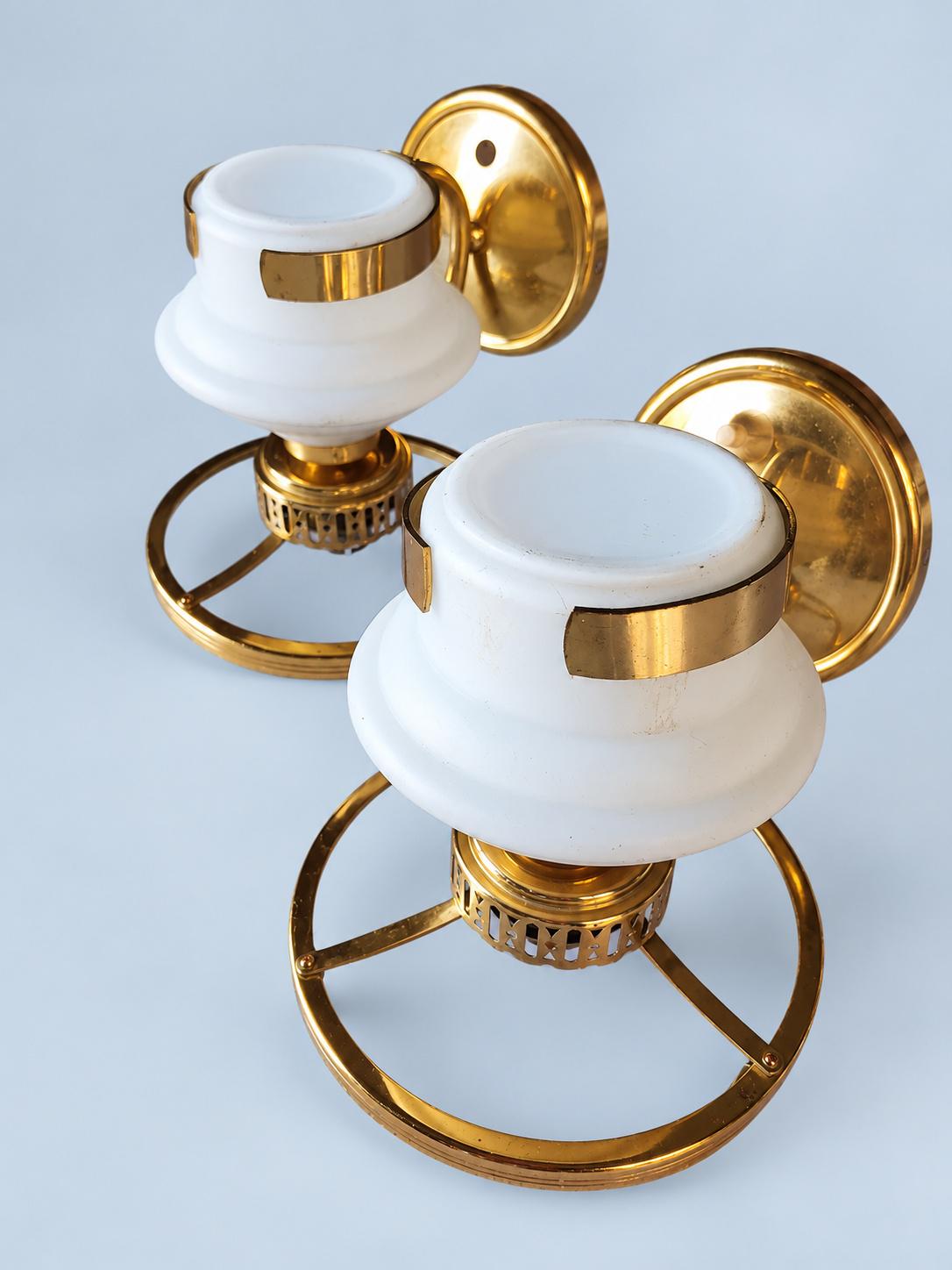 Vintage Pair of Brass-Tone Oil Lamp Style Wall Sconces with White Glass Shades