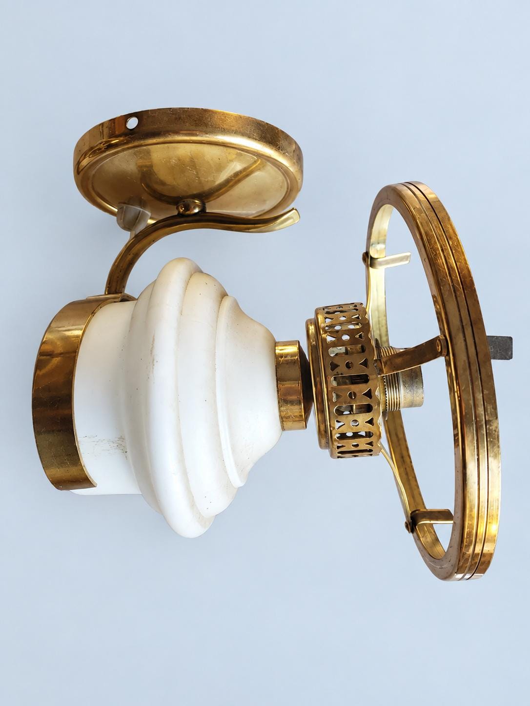 Vintage Pair of Brass-Tone Oil Lamp Style Wall Sconces with White Glass Shades