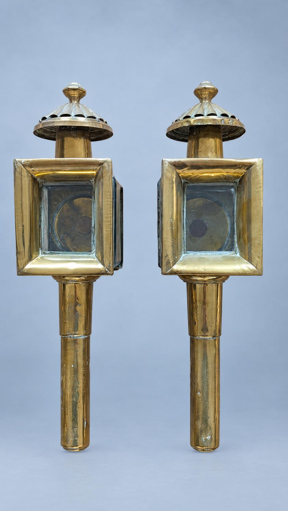 Pair of Brass-Tone Carriage Lanterns, Square Glass Boxes with Hinged Doors and Long Shafts, 48 cm