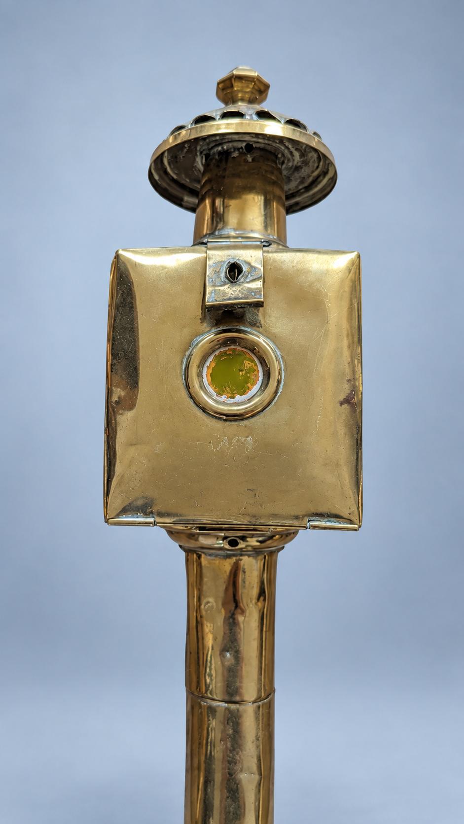 Pair of Brass-Tone Carriage Lanterns, Square Glass Boxes with Hinged Doors and Long Shafts, 48 cm