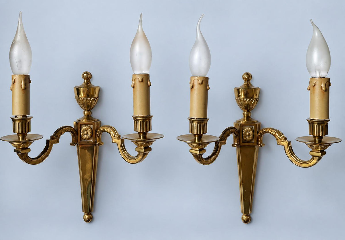 Vintage Pair of Louis XVI Style Brass-Tone Two-Arm Wall Sconces with Urn and Rosette