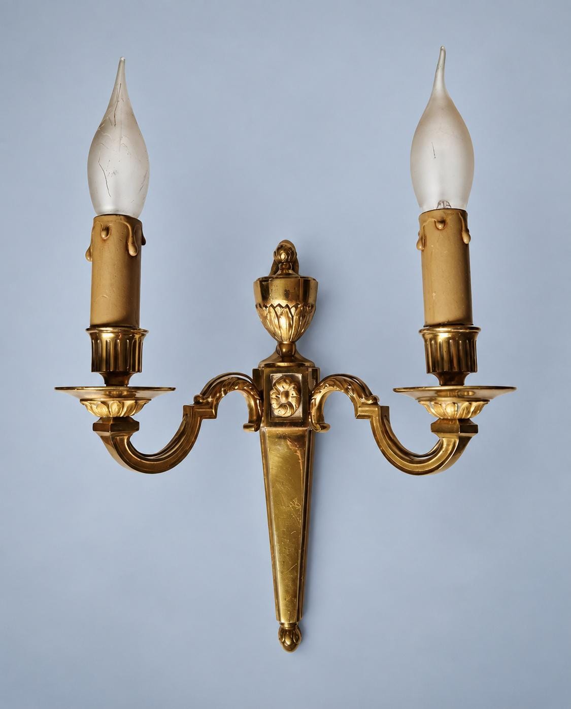 Vintage Pair of Louis XVI Style Brass-Tone Two-Arm Wall Sconces with Urn and Rosette