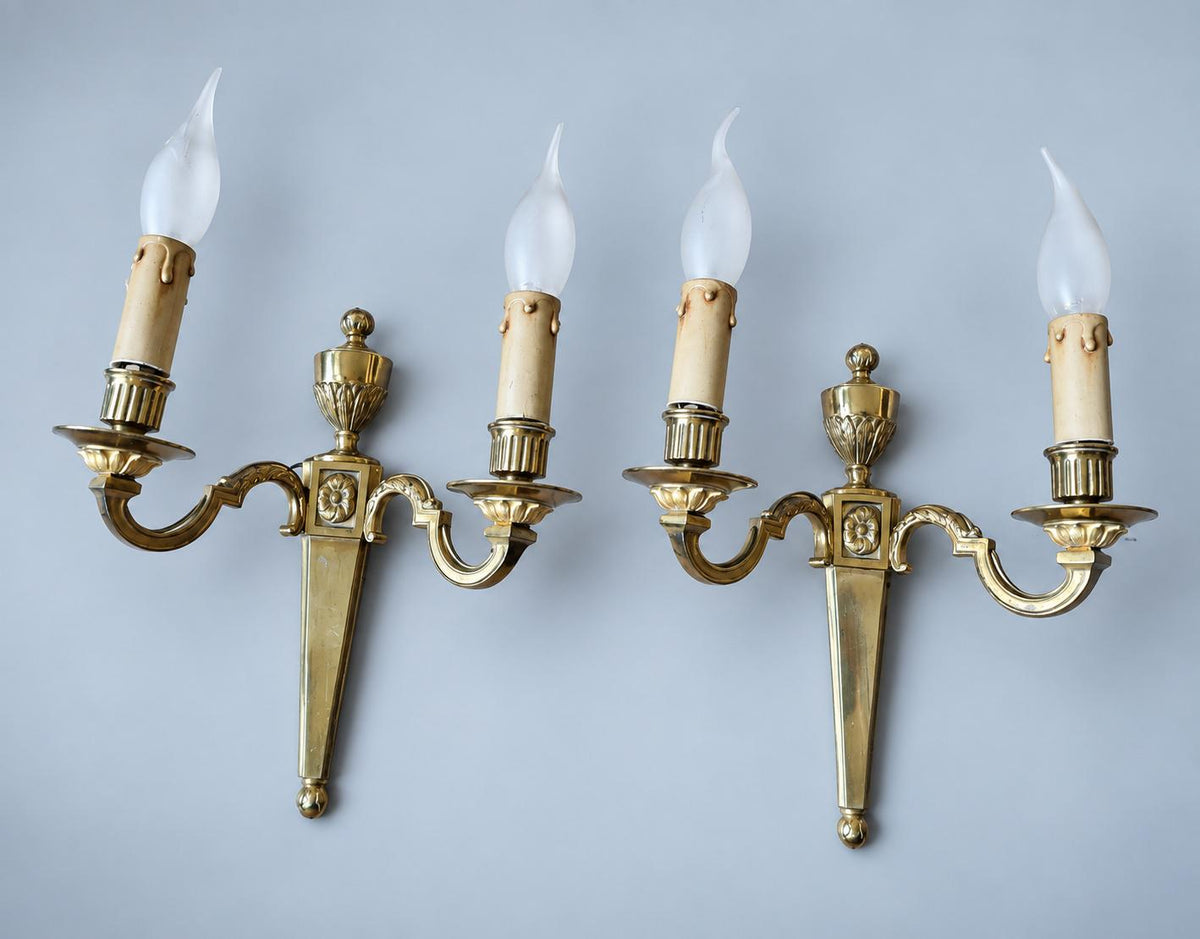 Vintage Pair of Louis XVI Style Brass-Tone Two-Arm Wall Sconces with Urn and Rosette