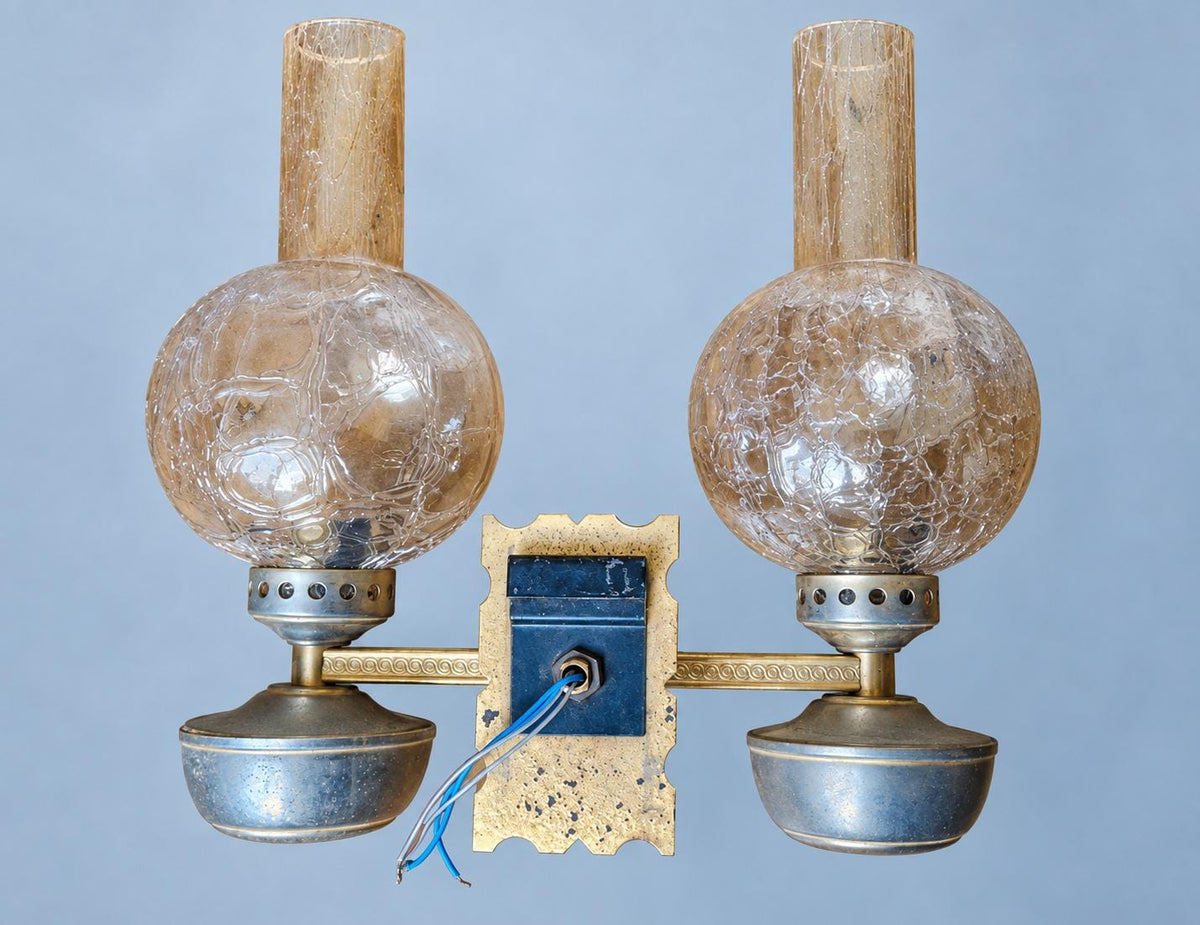 Vintage Set of Three Oil Lamp Style Two-Light Wall Sconces with Crackle Glass Globes and Chimneys, Metal Bowls and Straight Arms