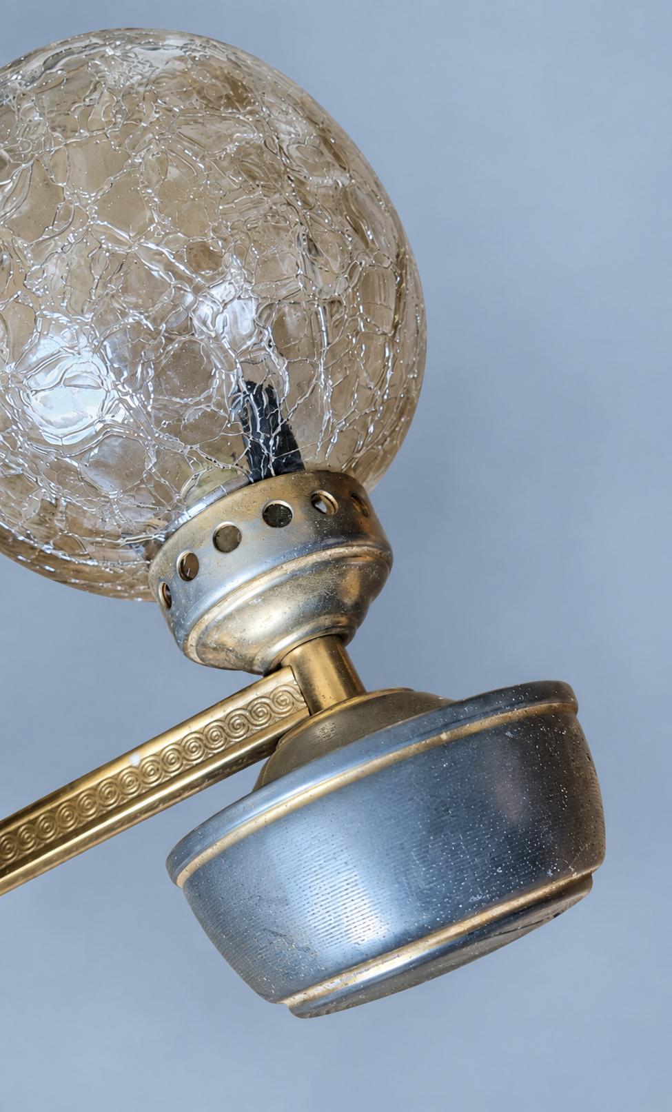 Vintage Set of Three Oil Lamp Style Two-Light Wall Sconces with Crackle Glass Globes and Chimneys, Metal Bowls and Straight Arms