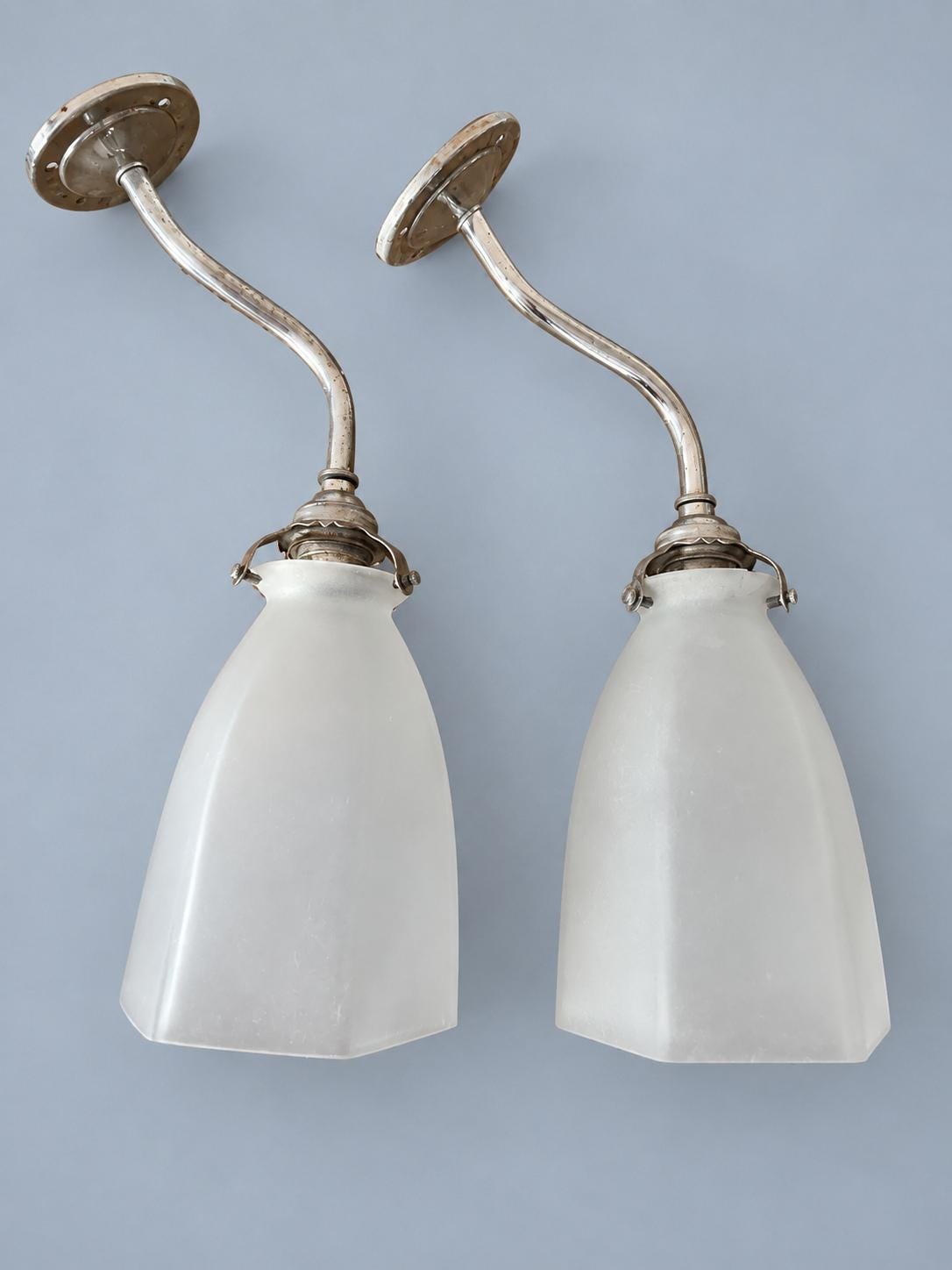 Vintage Pair of Chrome-Tone Swan-Neck Wall Sconces with Frosted Hexagonal Glass Shades