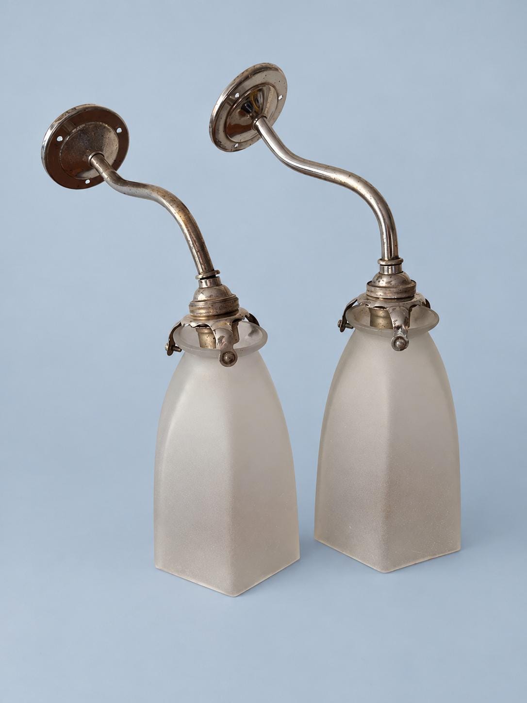 Vintage Pair of Chrome-Tone Swan-Neck Wall Sconces with Frosted Hexagonal Glass Shades