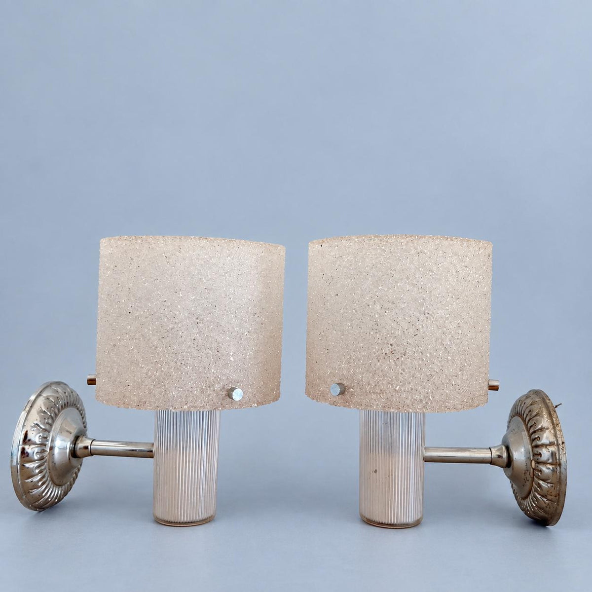 Vintage Pair of 1960s–70s French Silver-Tone Wall Sconces with Textured "Sugar" Acrylic Shades