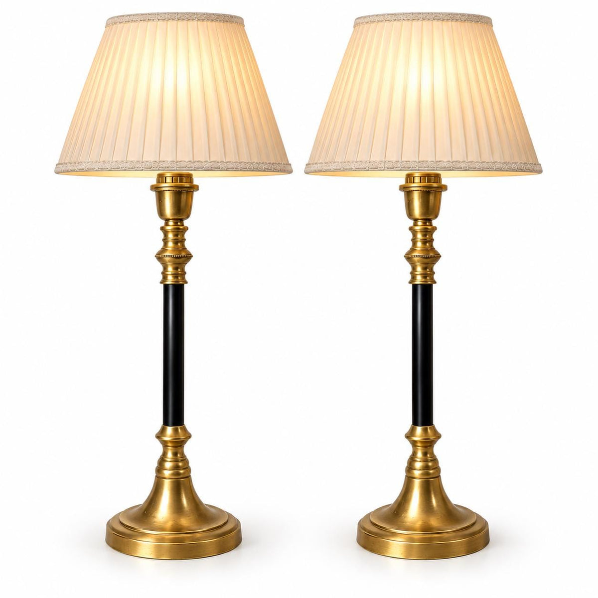 Vintage Brass Table Lamps with Black Lacquered Columns, Candlestick-Form Design