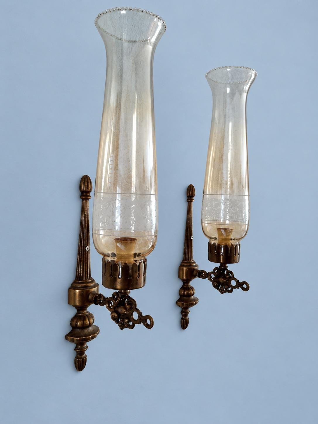 Vintage Pair of Brass-Tone Single-Arm Wall Sconces with Tall Iridescent Hurricane Glass Shades