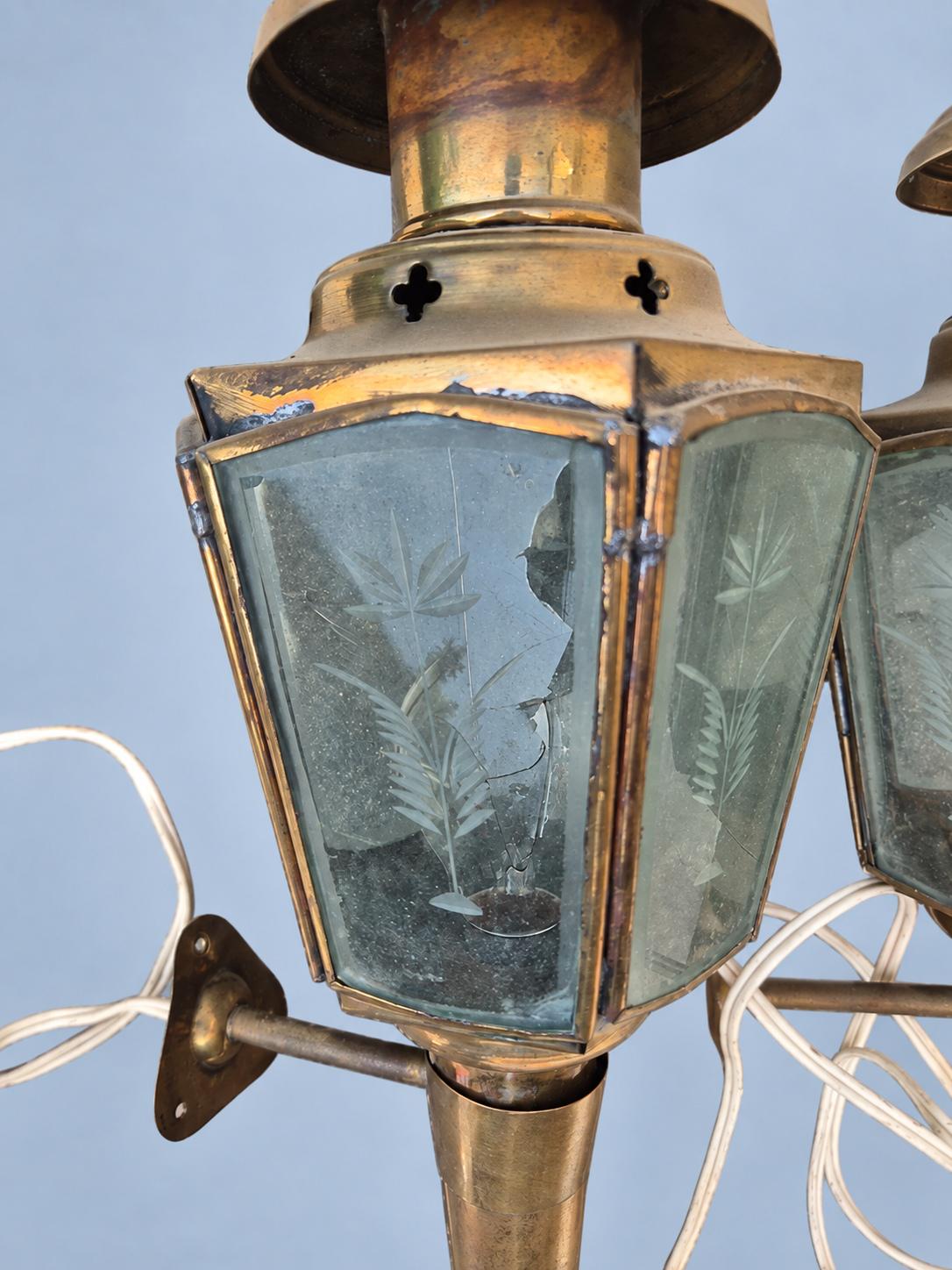 Vintage Pair of Brass-Tone French Fiacre Carriage Wall Lanterns with Etched Wheat Glass Panels