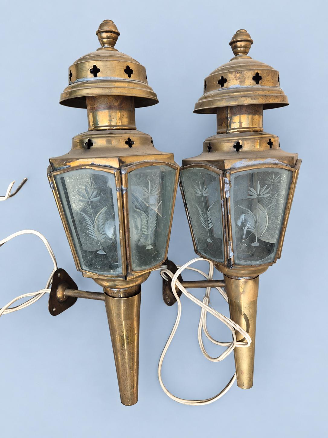 Vintage Pair of Brass-Tone French Fiacre Carriage Wall Lanterns with Etched Wheat Glass Panels