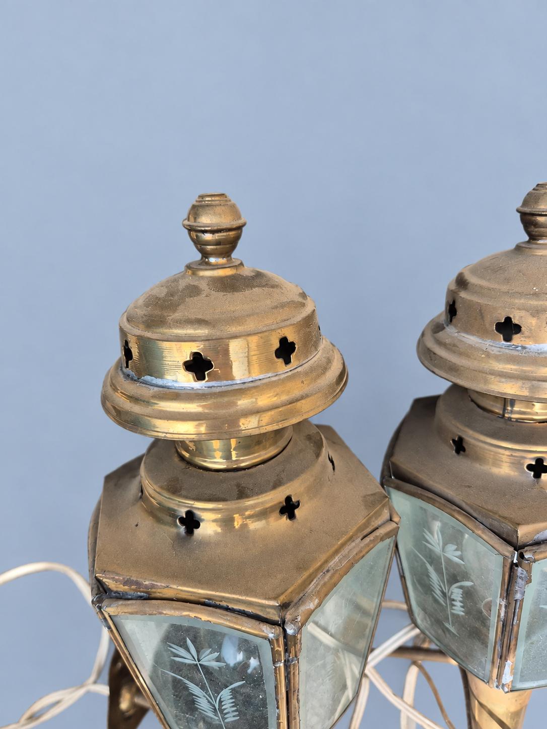 Vintage Pair of Brass-Tone French Fiacre Carriage Wall Lanterns with Etched Wheat Glass Panels