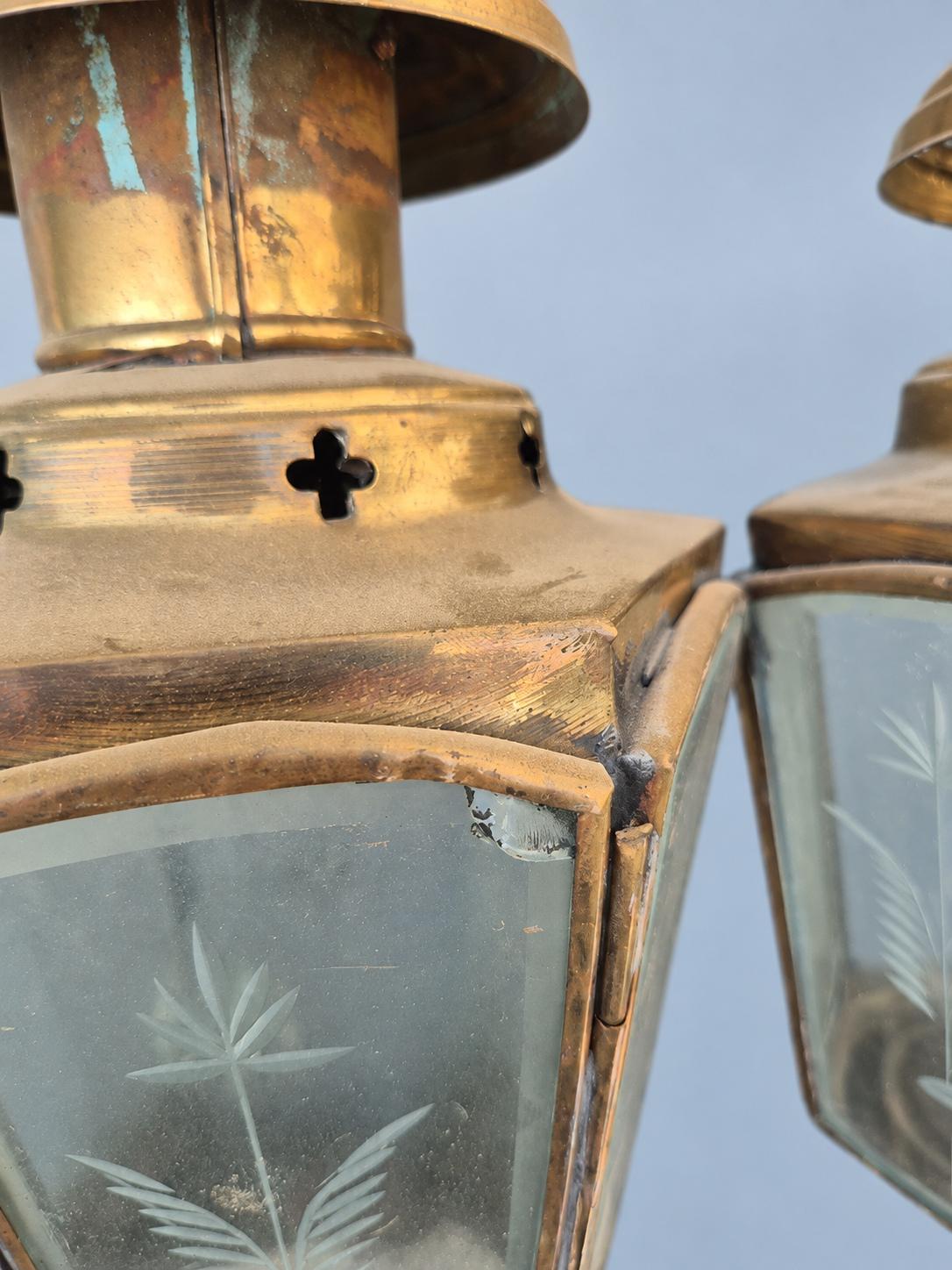 Vintage Pair of Brass-Tone French Fiacre Carriage Wall Lanterns with Etched Wheat Glass Panels