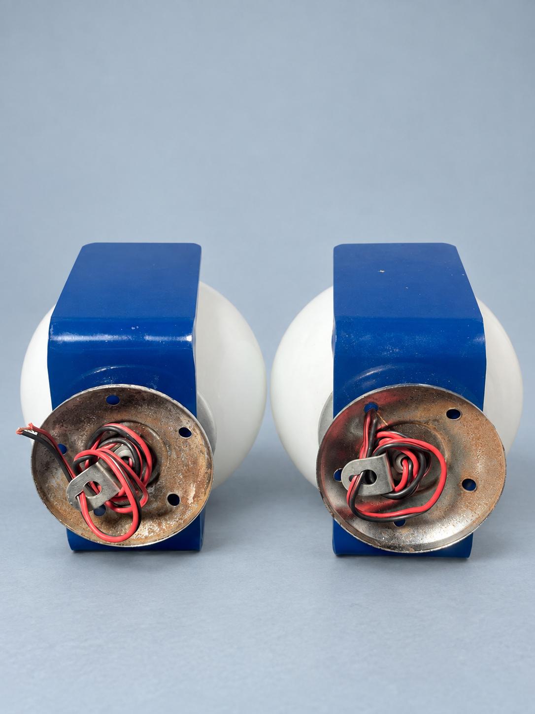 Vintage Pair of 1970s Space Age Wall Lights with White Glass Globes in Blue Acrylic Cradles