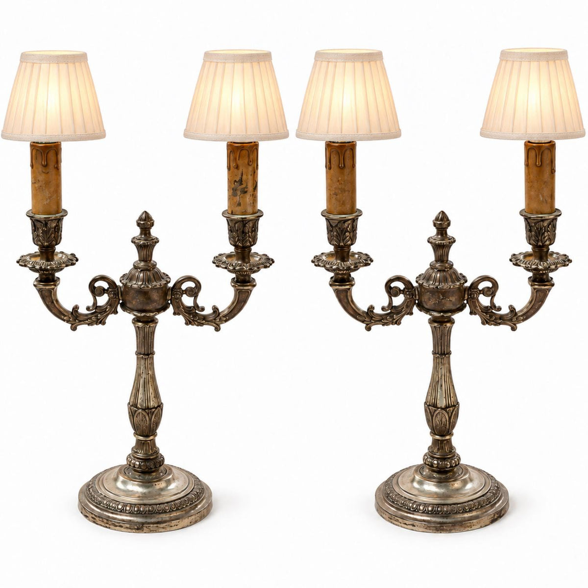 Pair of Three-Light Candelabra Table Lamps in Silver-Toned Metal, 42 x 23 cm
