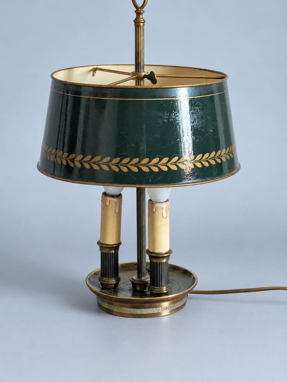 Vintage Empire Style Three-Light Bouillotte Lamp with Adjustable Green Tôle Shade