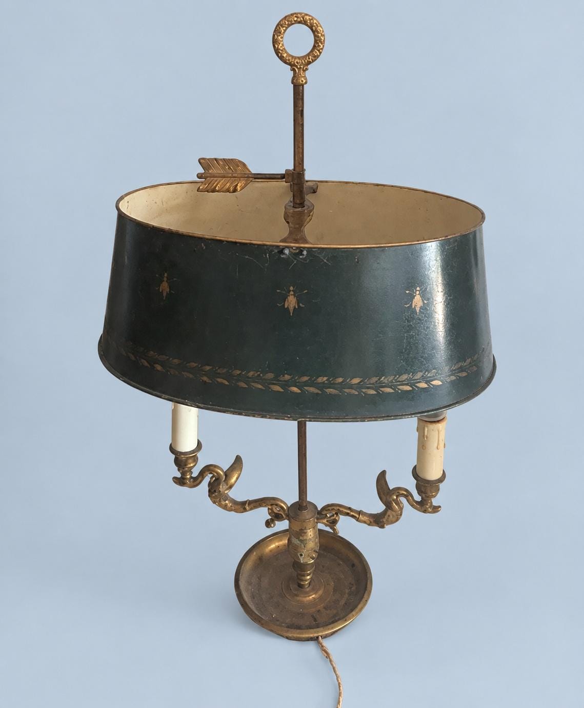 Vintage Empire Style Two-Light Bouillotte Lamp, Bird-Head Arms, Black Tole Shade, Ring Finial, Approx. 60 cm