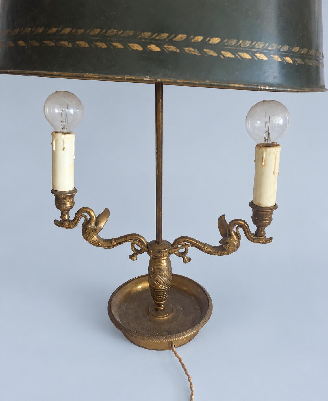 Vintage Empire Style Two-Light Bouillotte Lamp, Bird-Head Arms, Black Tole Shade, Ring Finial, Approx. 60 cm