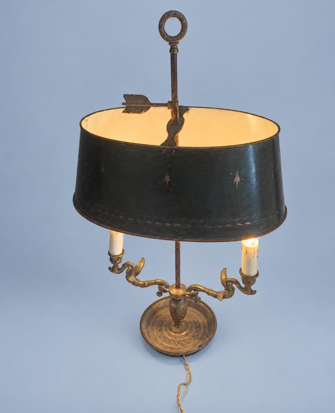 Vintage Empire Style Two-Light Bouillotte Lamp, Bird-Head Arms, Black Tole Shade, Ring Finial, Approx. 60 cm