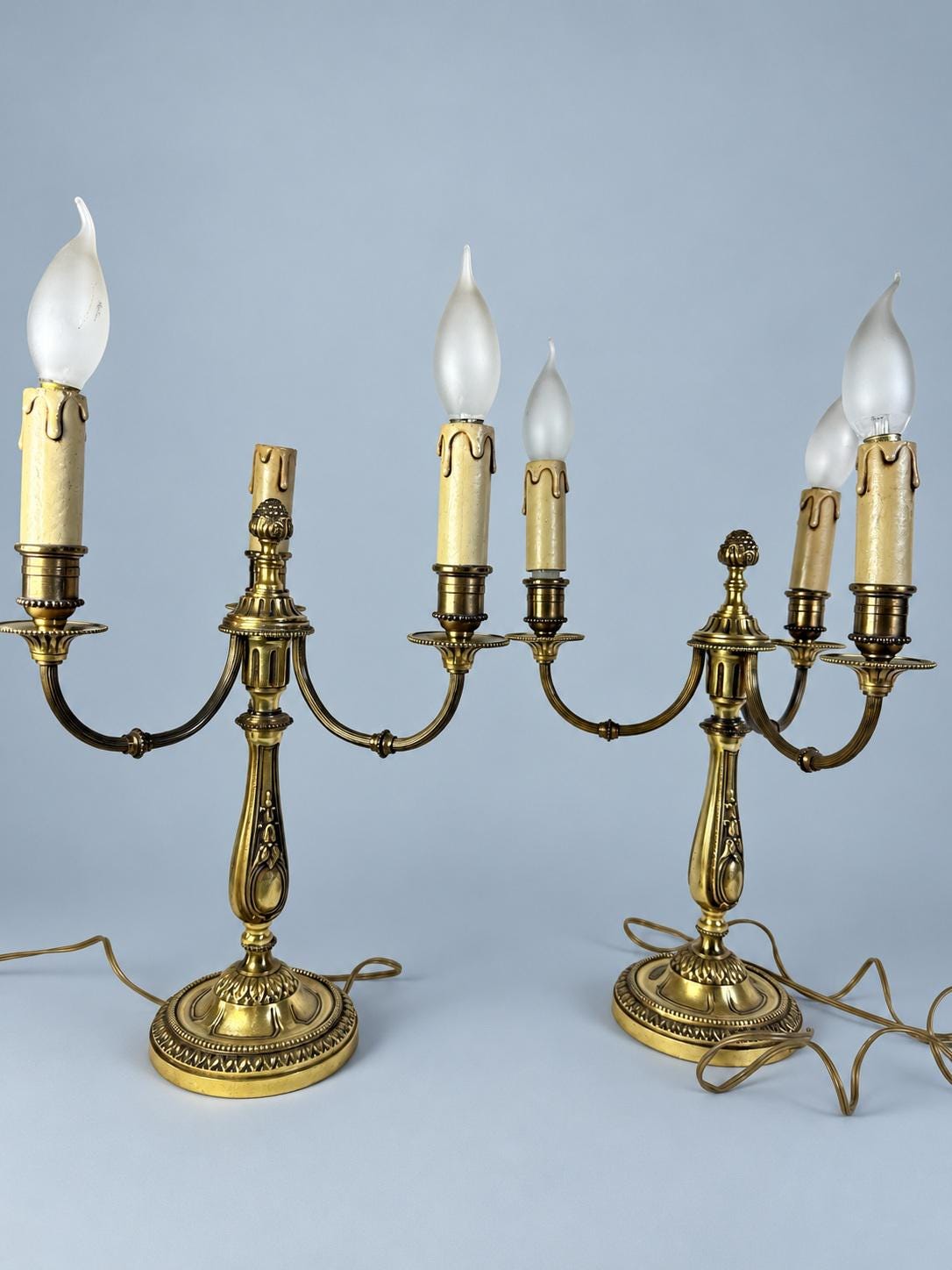 Antique Pair of Napoleon III Louis XVI Style Gilt Metal Three-Light Candelabra Table Lamps