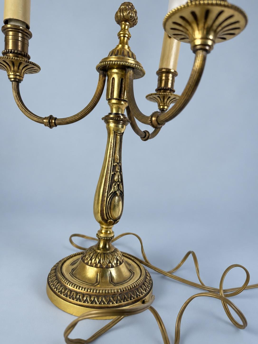 Antique Pair of Napoleon III Louis XVI Style Gilt Metal Three-Light Candelabra Table Lamps