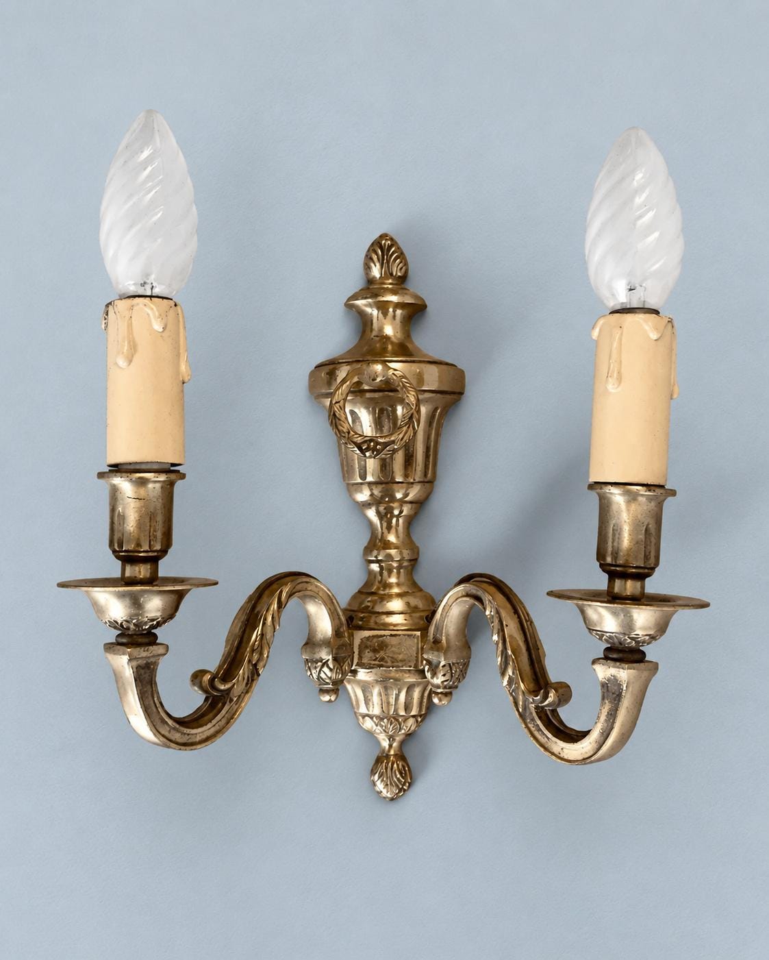 Vintage Pair of French Louis XVI Style Gilt Metal Two-Arm Wall Sconces with Urn and Laurel Wreath