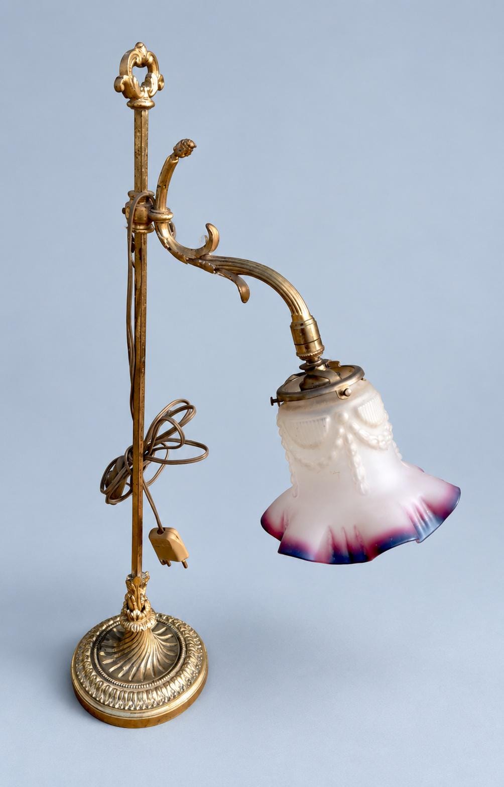 Vintage French Gilt Metal Sliding Desk Lamp with Frosted Glass Tulip Shade and Ruffled Cranberry-Tone Rim