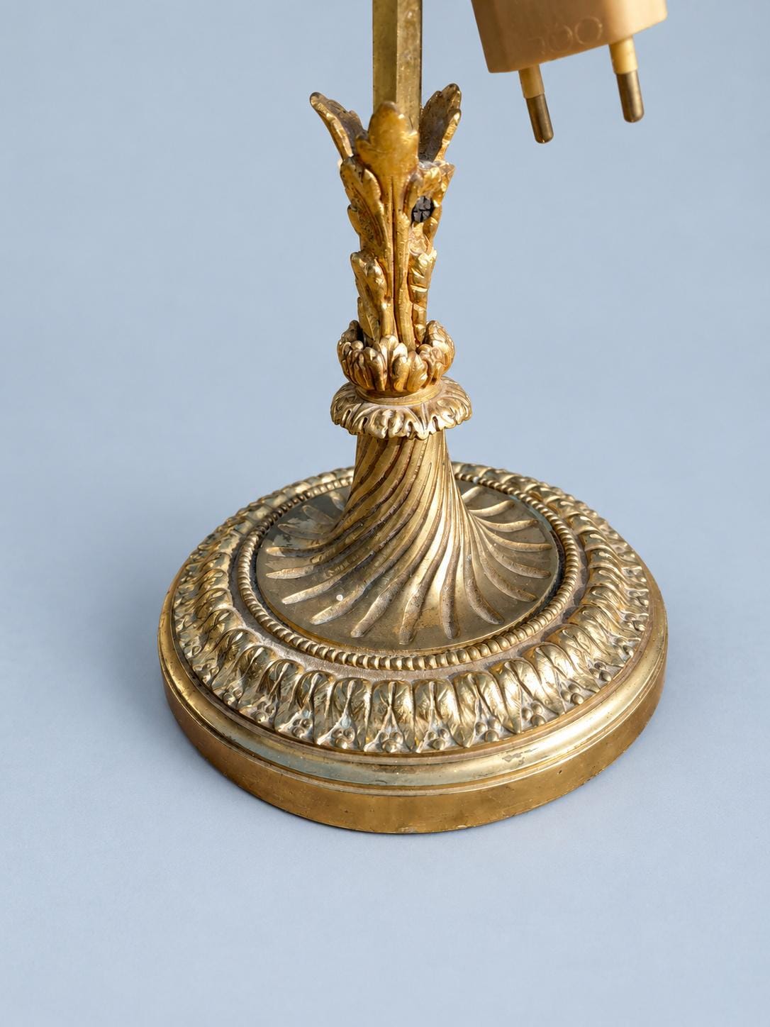 Vintage French Gilt Metal Sliding Desk Lamp with Frosted Glass Tulip Shade and Ruffled Cranberry-Tone Rim