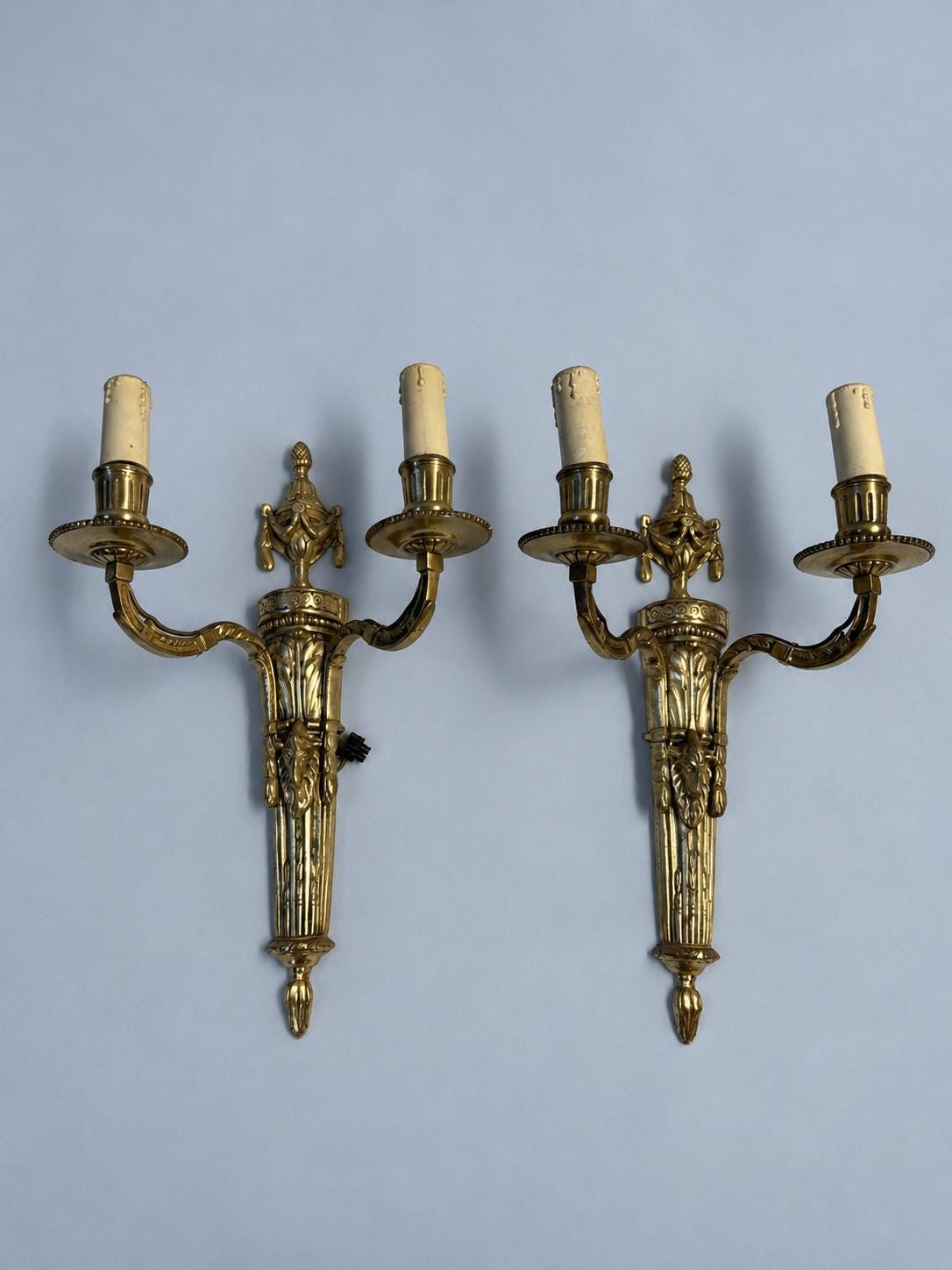 Vintage Pair of Large Louis XVI Style Gilt Metal Two-Arm Wall Sconces with Draped Urn and Mask