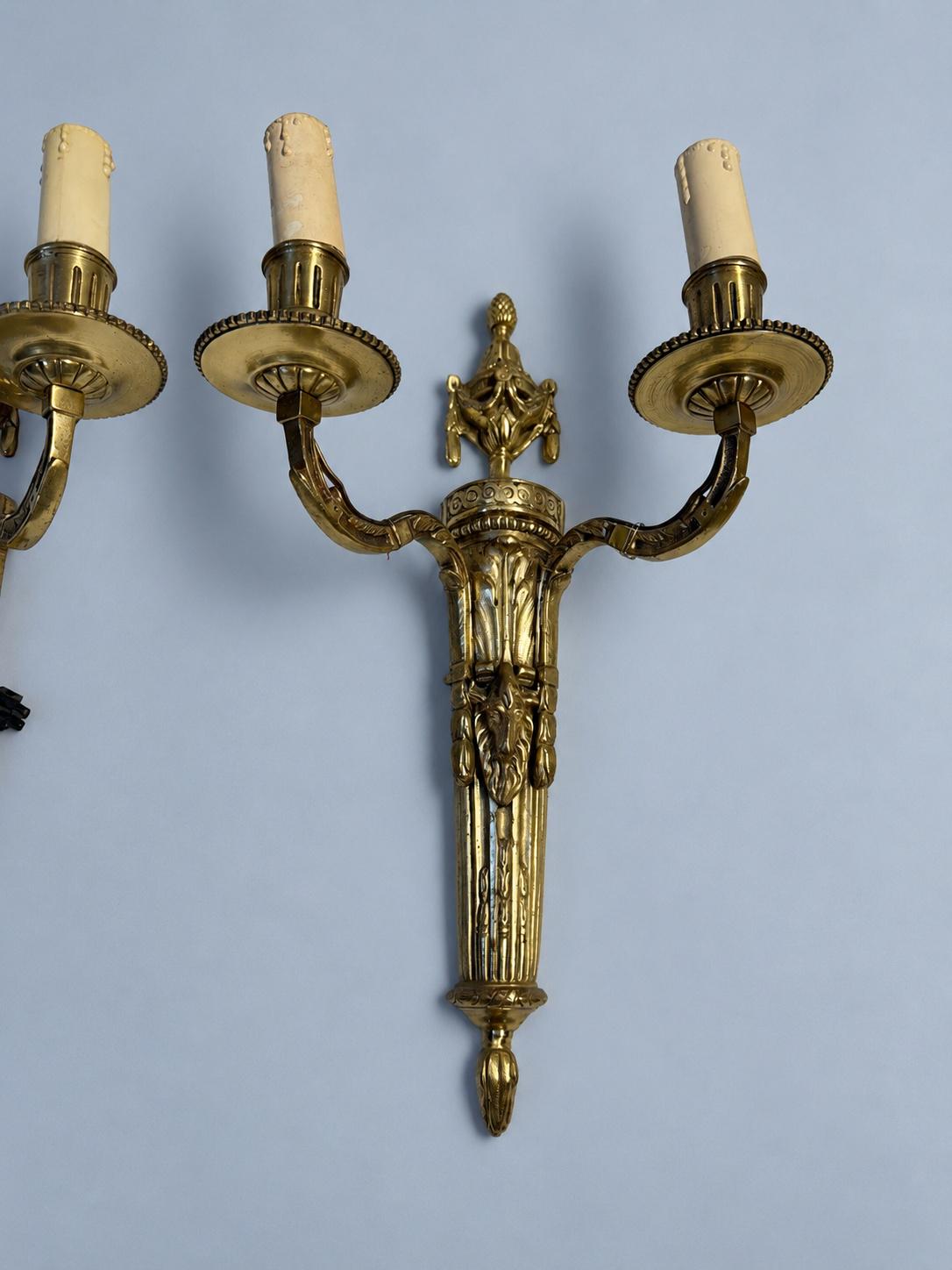 Vintage Pair of Large Louis XVI Style Gilt Metal Two-Arm Wall Sconces with Draped Urn and Mask