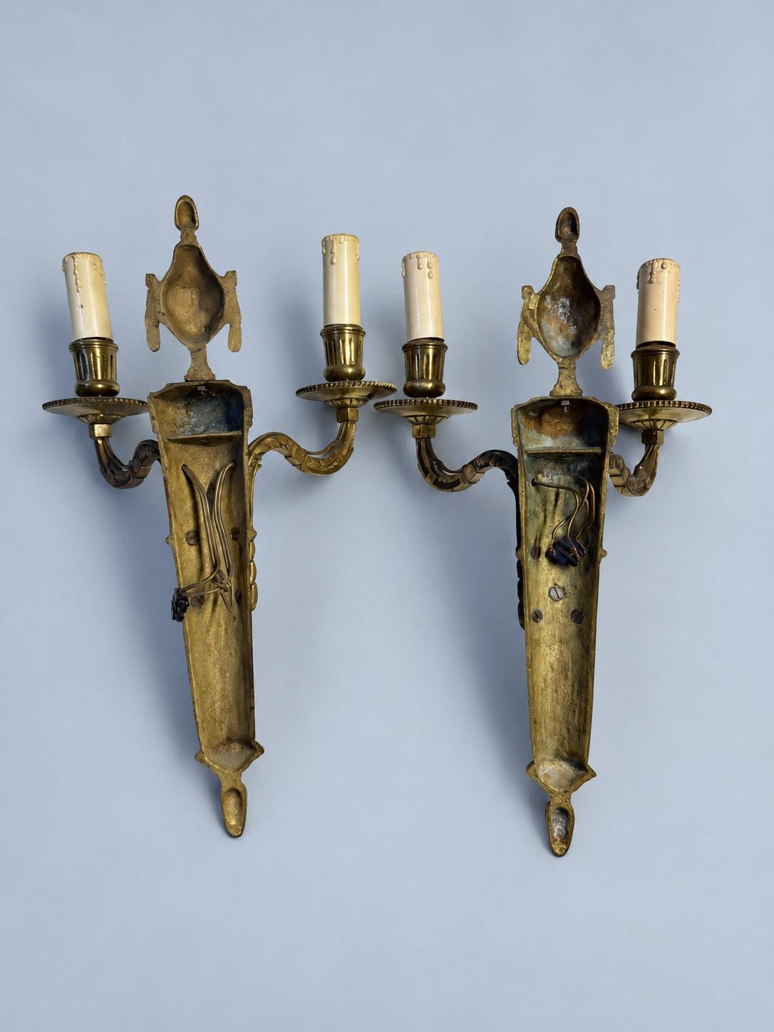 Vintage Pair of Large Louis XVI Style Gilt Metal Two-Arm Wall Sconces with Draped Urn and Mask