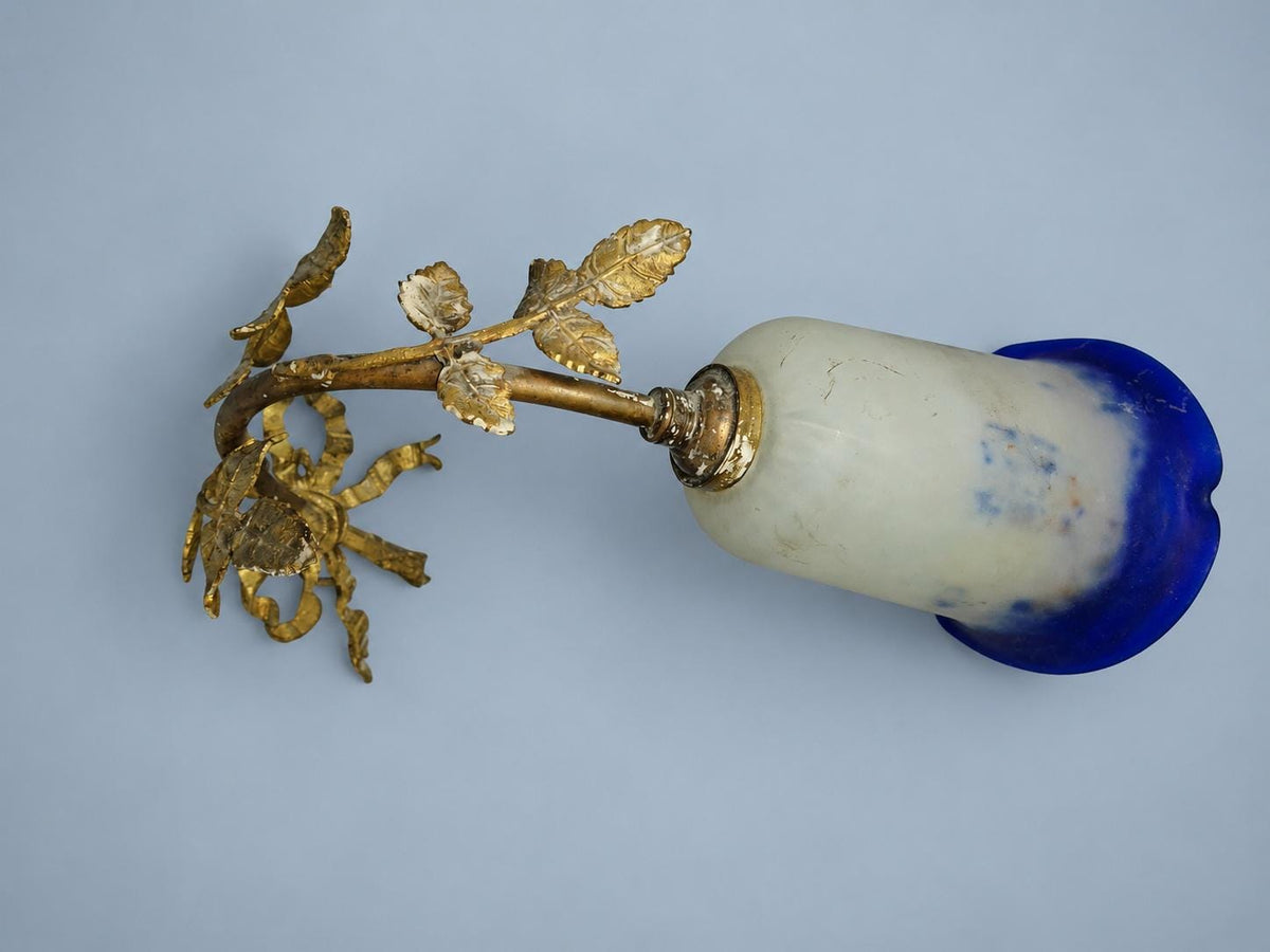 Vintage Single Louis XVI Style Gilt Metal Wall Sconce with Ribbon Bow, Leafy Branches and Mottled Cobalt Glass Tulip Shade