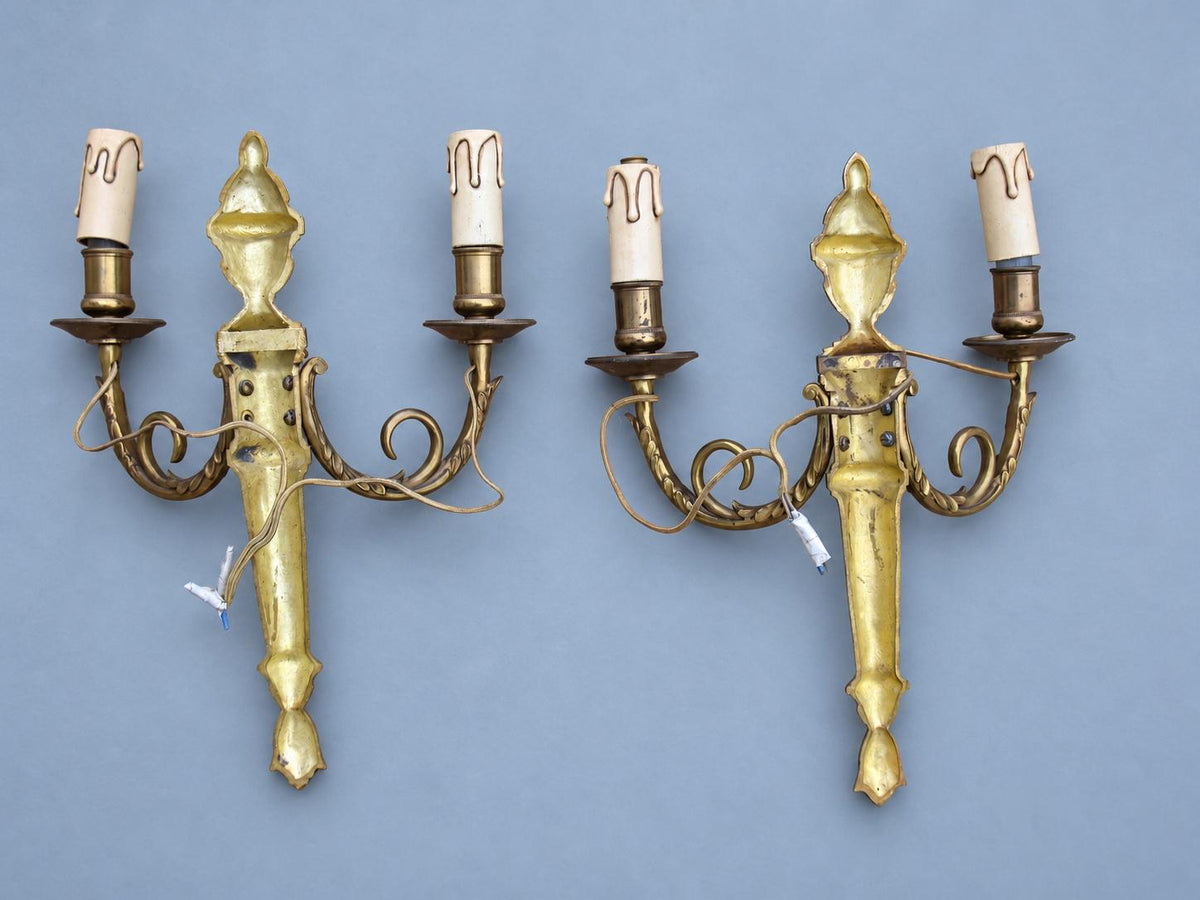 Vintage Pair of Louis XVI Style Brass-Tone Two-Arm Wall Sconces with Urn and Oak-Leaf Shaft