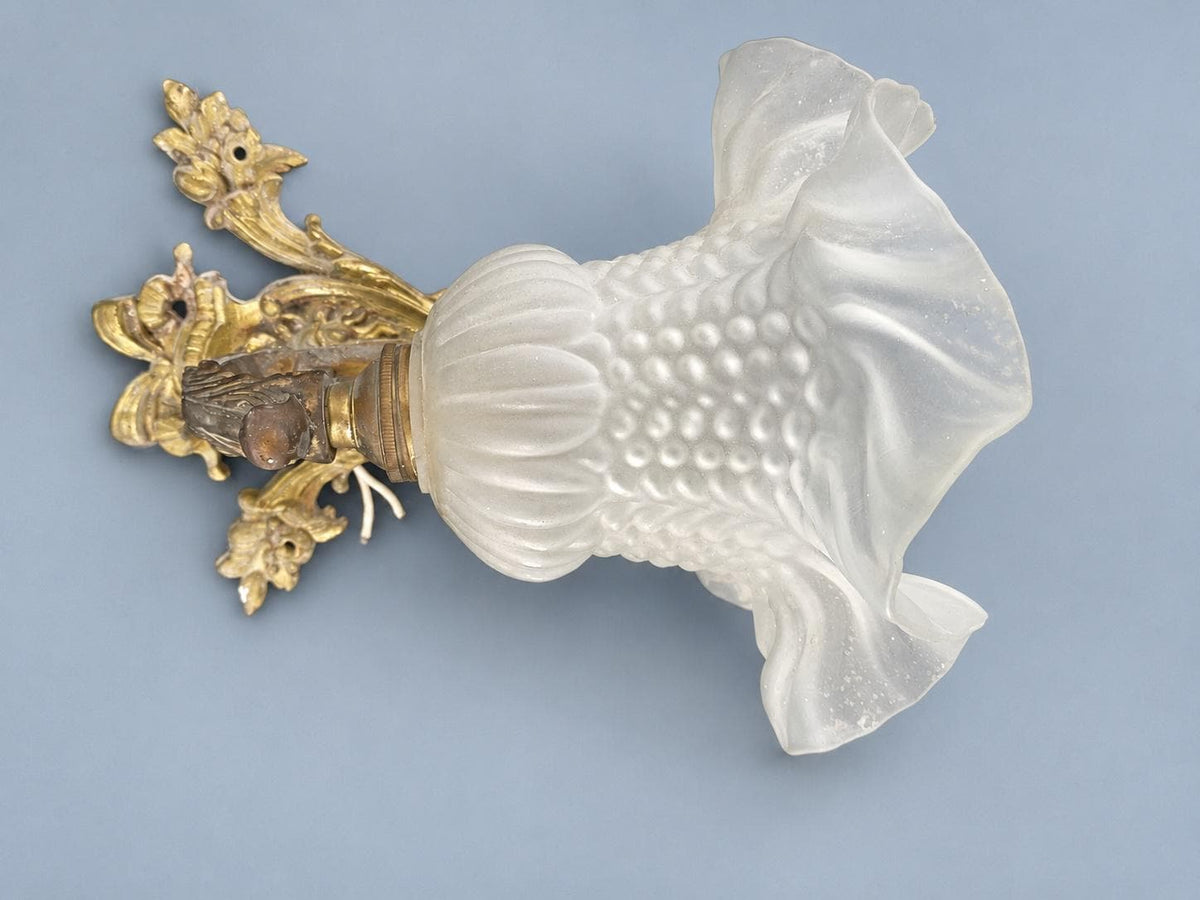Vintage Pair of Louis XV Style Gilt Metal Wall Sconces with Ruffled Frosted Glass Tulip Shades