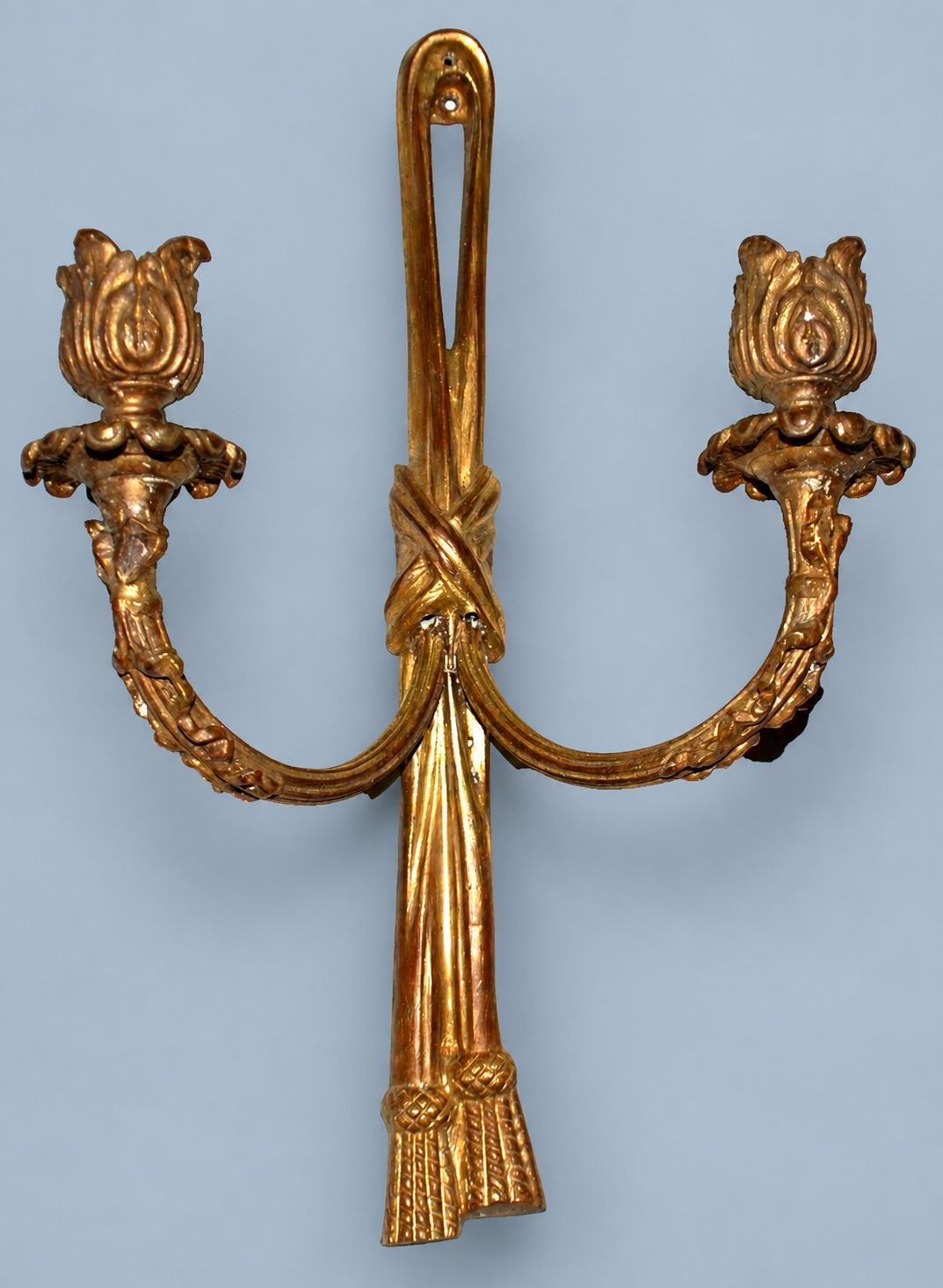 Vintage Set of Three Louis XVI Style Gilt Metal Wall Sconces with Curtain Tie-Back and Tassel Design