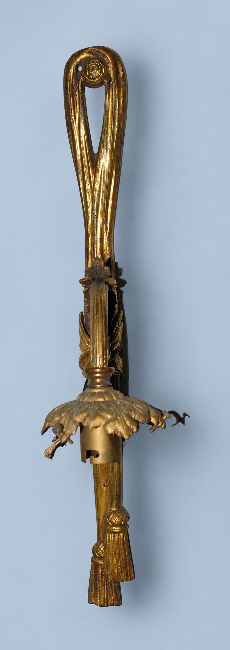 Vintage Set of Three Louis XVI Style Gilt Metal Wall Sconces with Curtain Tie-Back and Tassel Design