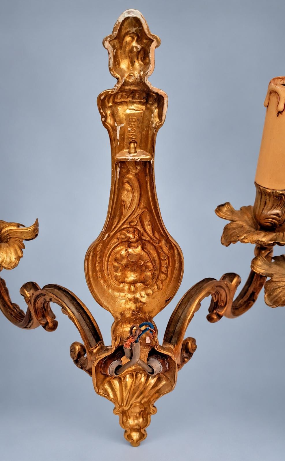 Vintage Pair of Louis XV Style Gilt Metal Two-Arm Wall Sconces with Shell Cartouche Stem