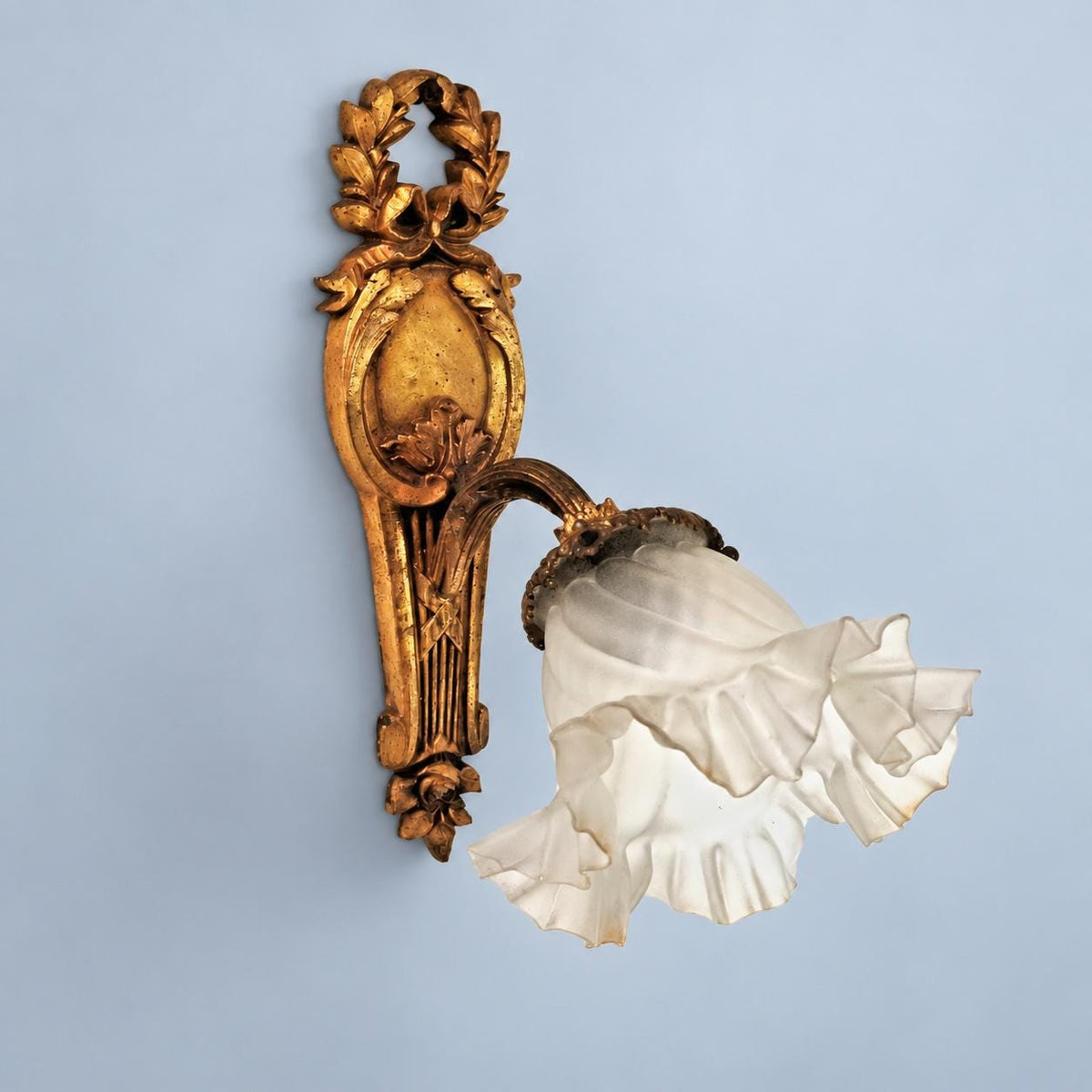 Antique Single Louis XVI Style Bronze-Tone Wall Sconce with Laurel Wreath and Frosted Glass Tulip Shade