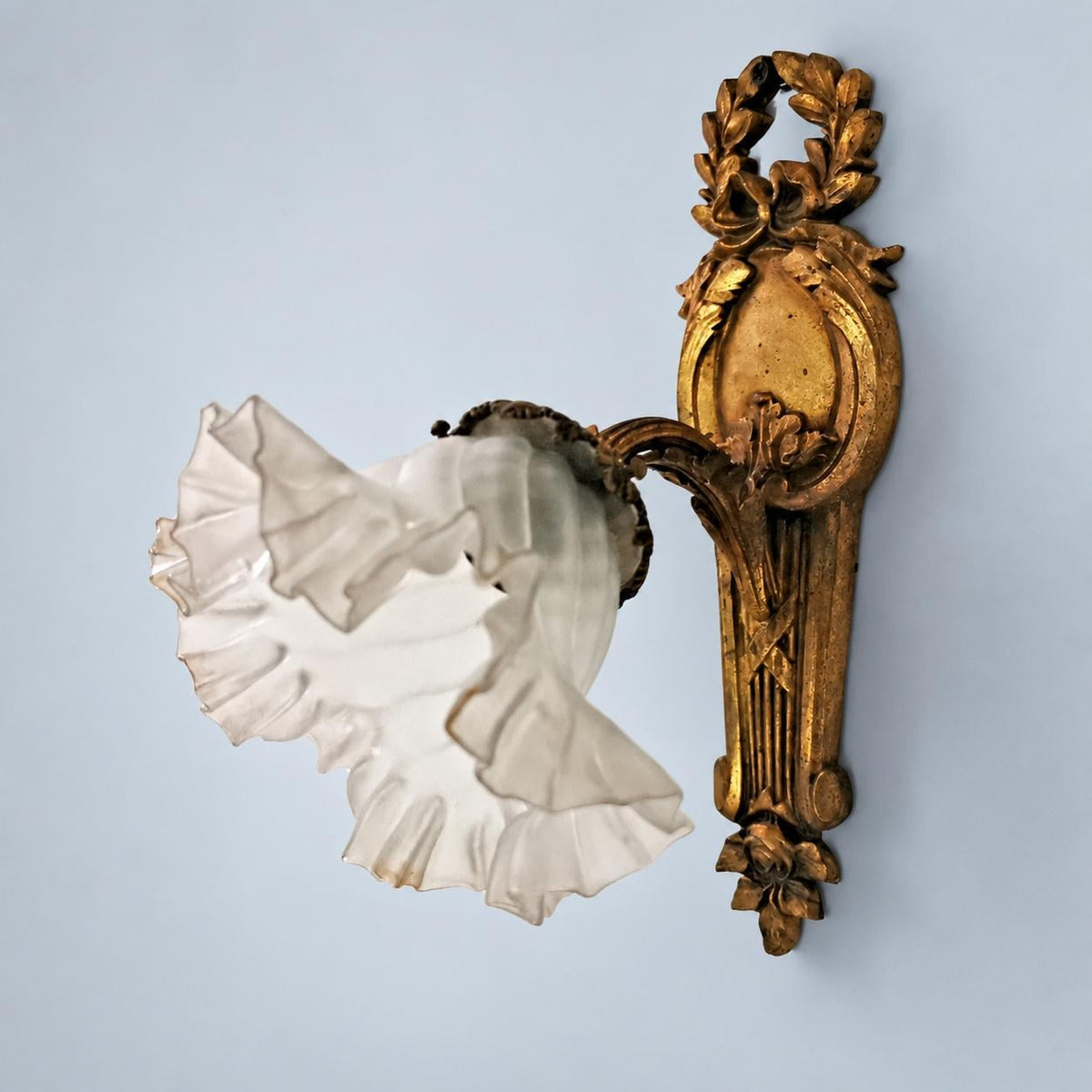 Antique Single Louis XVI Style Bronze-Tone Wall Sconce with Laurel Wreath and Frosted Glass Tulip Shade