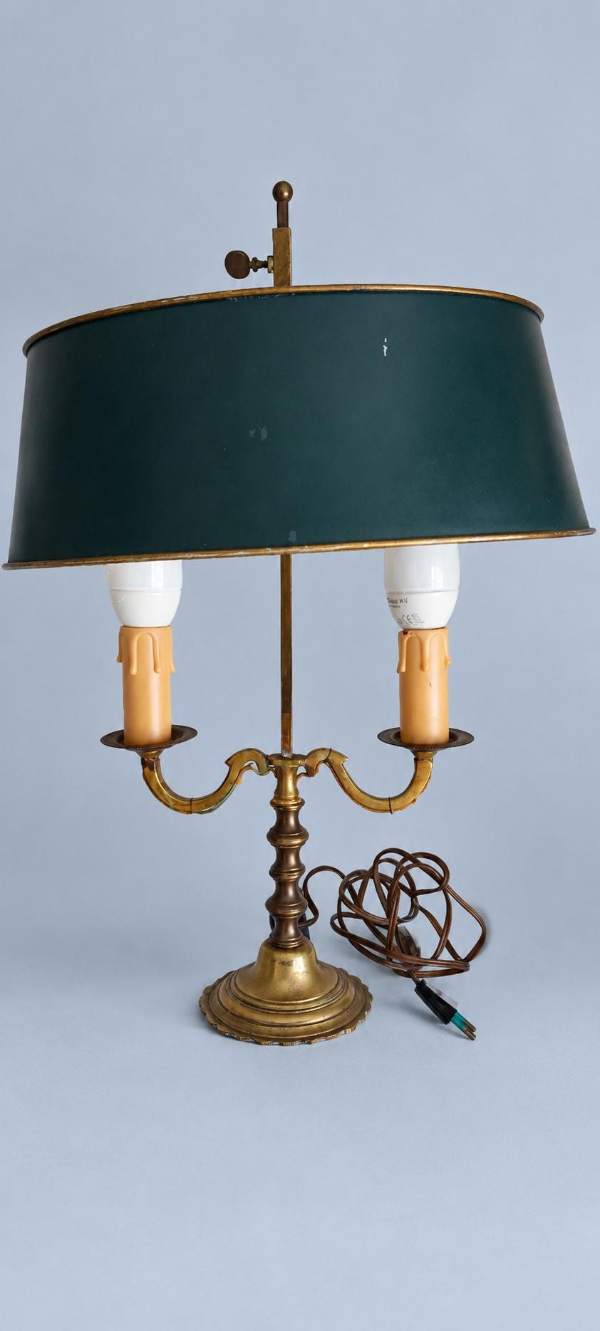 Vintage Two-Light Bouillotte Table Lamp, Green Tole Shade, Baluster Stem and Scalloped Metal Base