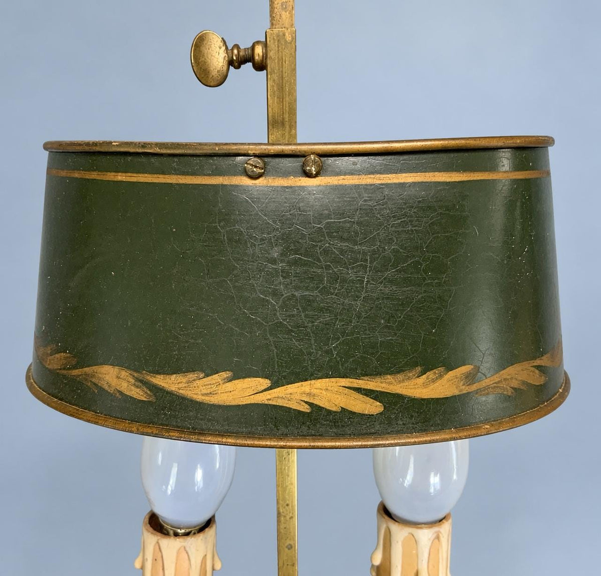 Vintage Small Bouillotte Two-Light Lamp with Bronze-Tone Dished Base and Green Tôle Shade