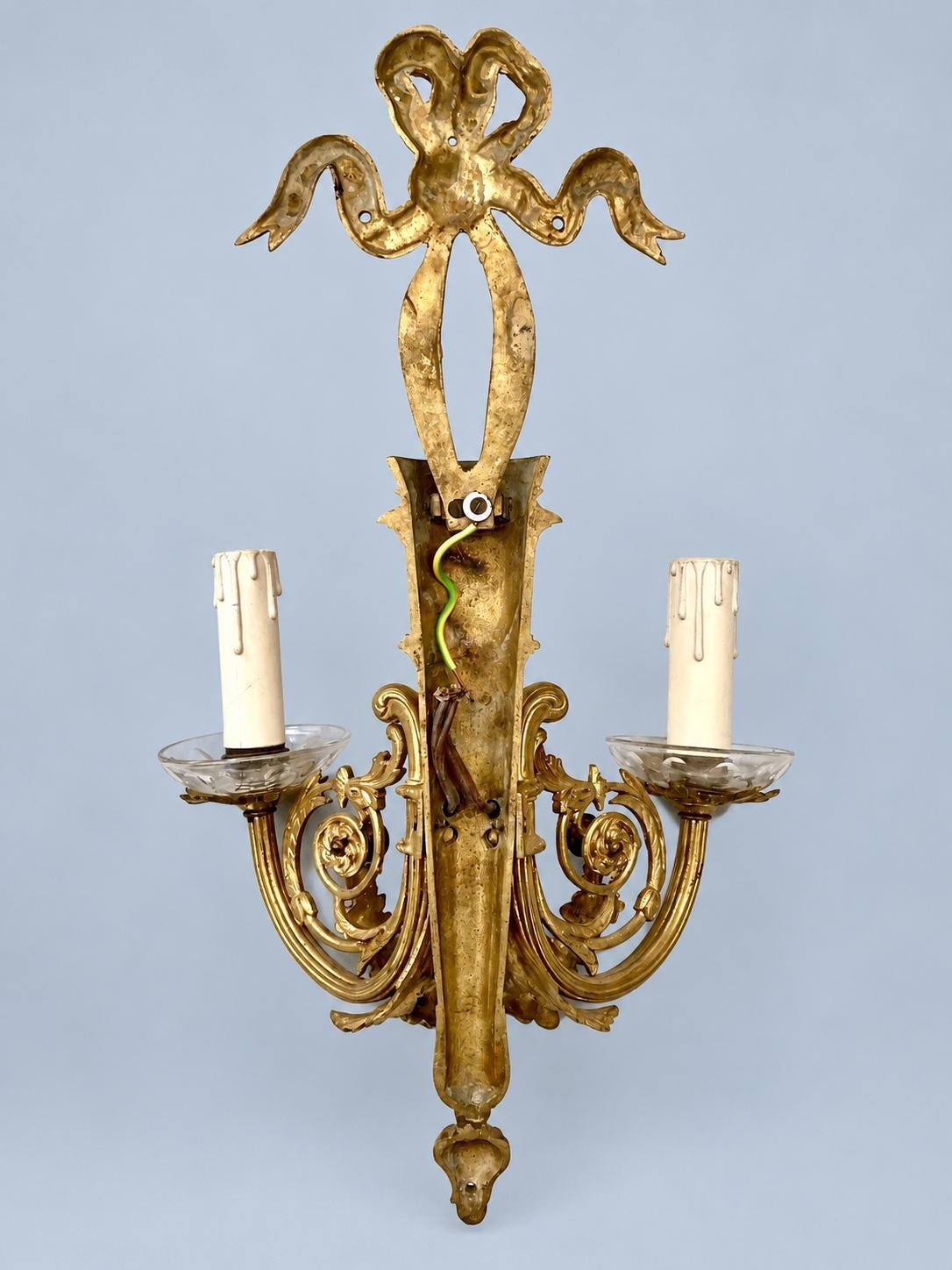 Vintage Pair of Louis XVI Style Brass-Tone Two-Arm Wall Sconces with Ribbon Bow, Flower Garlands and Glass Drip Pans