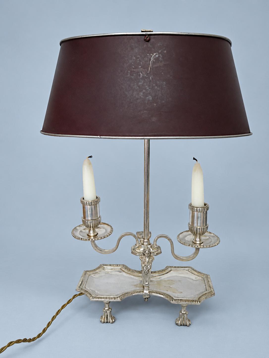 Vintage Bouillotte-Style Silver-Tone Two-Light Table Lamp with Paw Feet and Oxblood Tôle Shade
