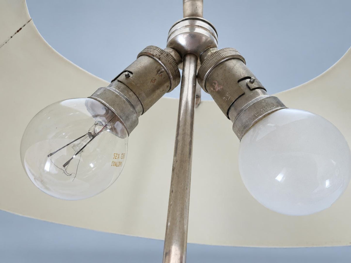Vintage Bouillotte-Style Silver-Tone Two-Light Table Lamp with Paw Feet and Oxblood Tôle Shade