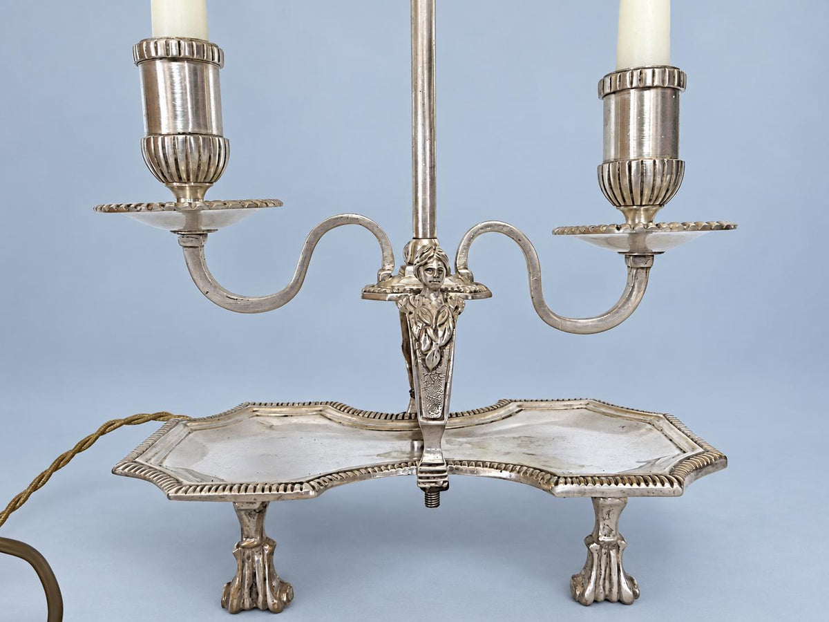 Vintage Bouillotte-Style Silver-Tone Two-Light Table Lamp with Paw Feet and Oxblood Tôle Shade