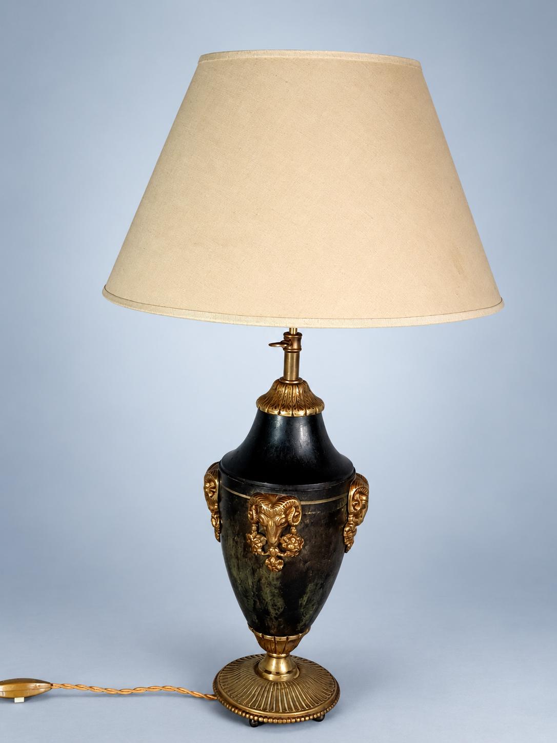 Antique French Adjustable Urn Table Lamp, Ram Head Mounts, Dark Patina, Cream Fabric Shade, Louis XVI Style