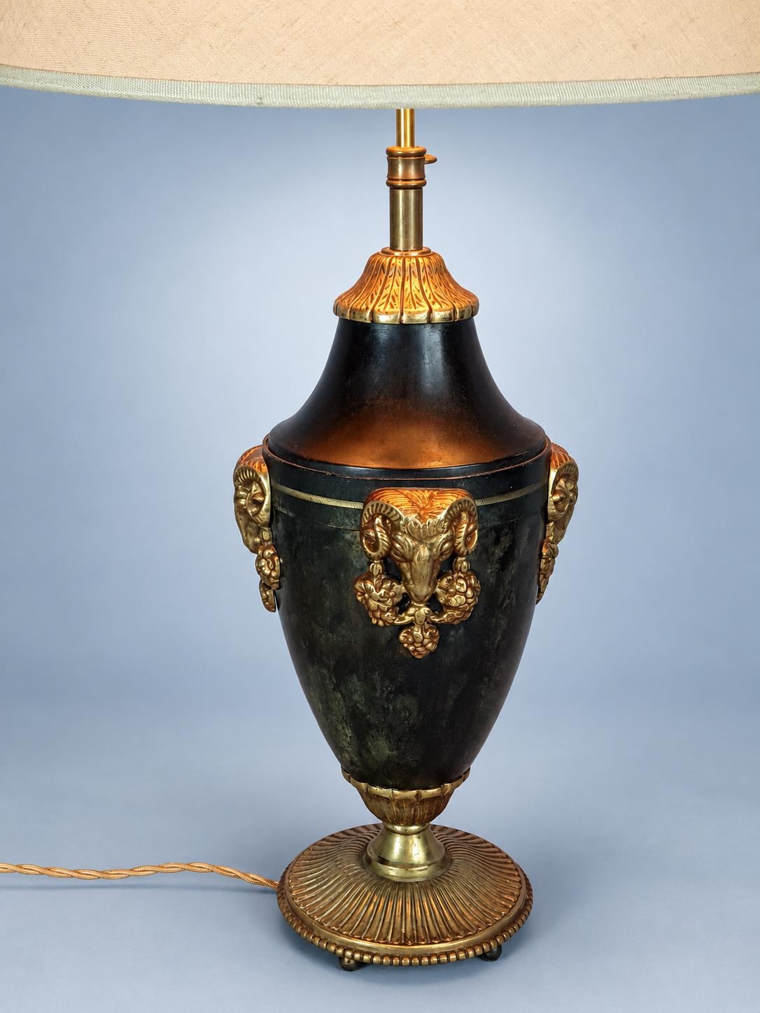 Antique French Adjustable Urn Table Lamp, Ram Head Mounts, Dark Patina, Cream Fabric Shade, Louis XVI Style